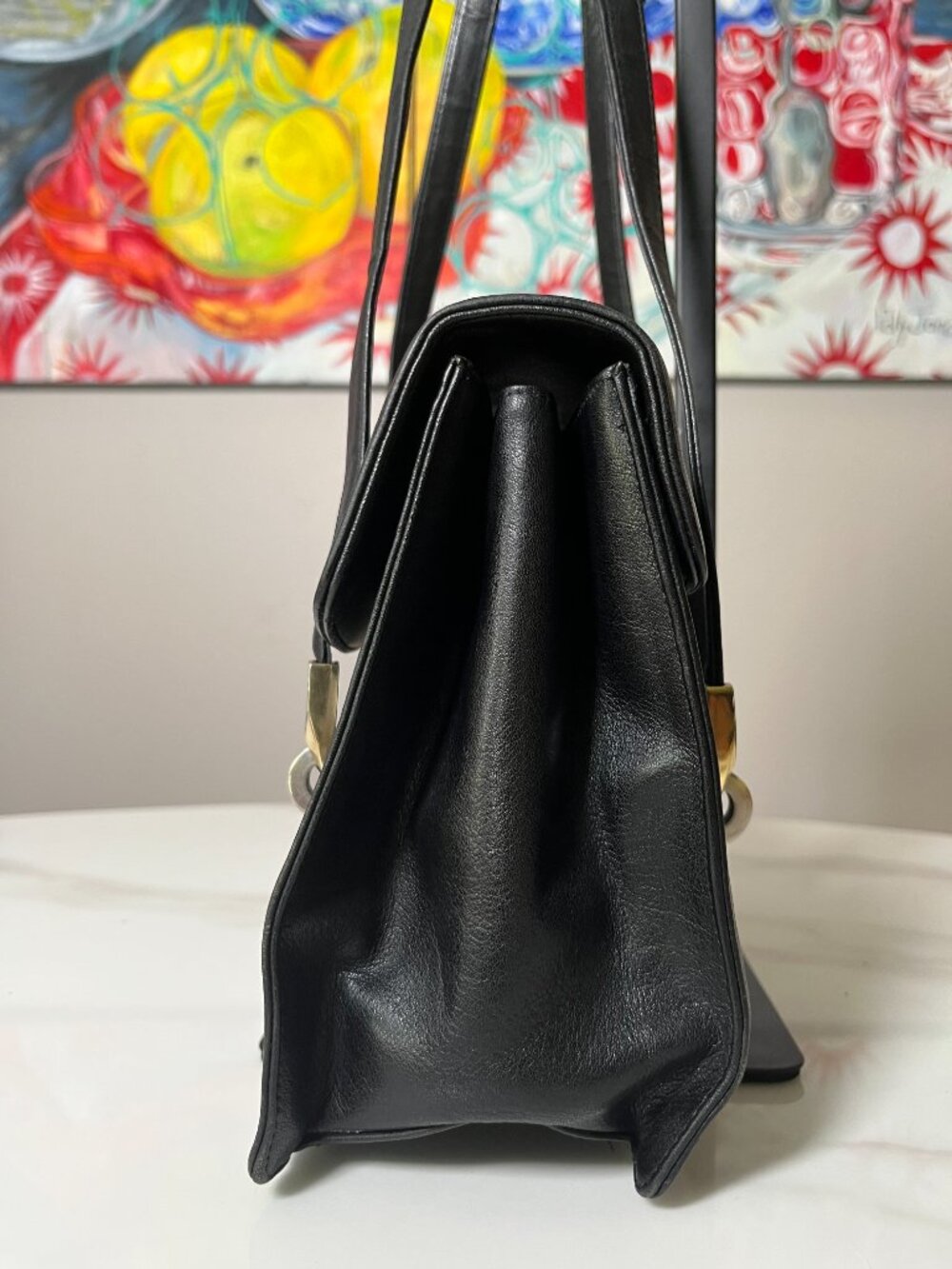 Koret Vintage Black Leather Shoulder Bag Red Interior Matching Coin Purse MCM - Picture 5 of 14